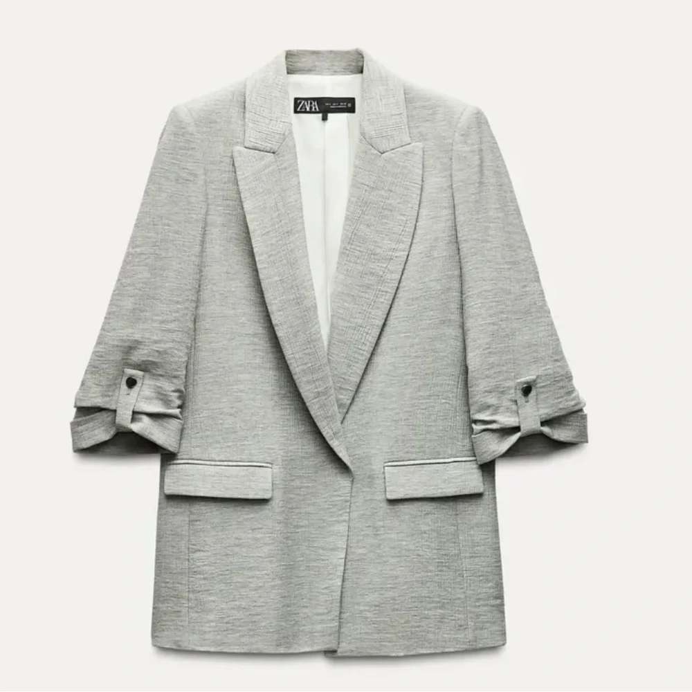 Zara Long Open Blazer Lapel Collar Padded Shoulders Grey Size M - Picture 4 of 8